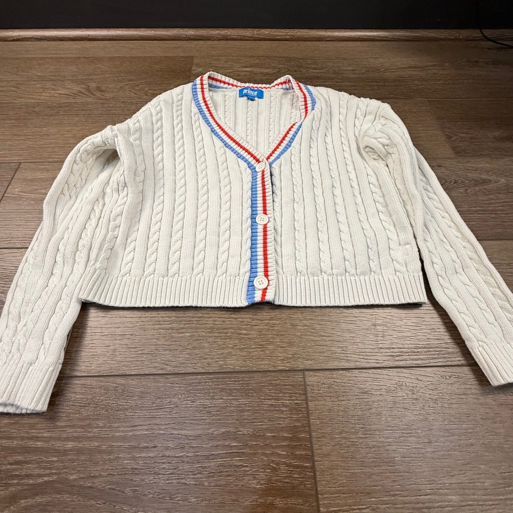 Prince Pickleball Cable Knit Cardigan Sweater Red Blue Trim Women's Size L VNeck - Picture 7 of 15